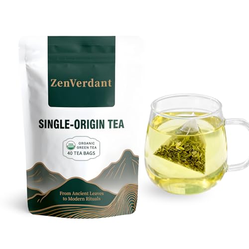 ZenVerdant Organic Green Tea Bags, Compostable Pyramid Bags, 40 Count