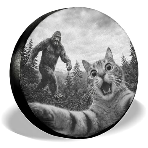 Image of GENANY Cat Selfie with Sasquatsch Father's Day PVC Spare Tire Cover for RV Trailer, Waterproof, Size 15 Fits 27-29 Inch