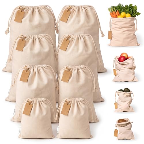 Image of LEAFICO Muslin Cloth Bags with Drawstrings - Set of 8 (S, M, L, XL) - Reusable Natural Cotton Bags for Bulk Food Storage - Canvas Fabric Sachets