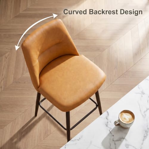 Butacos de barra GrandNoor marrones, altura de asiento 27 pulgadas, con respaldo y patas metálicas, giratorios 360°, tapizados en cuero sintético, juego de 2 miniatura 6