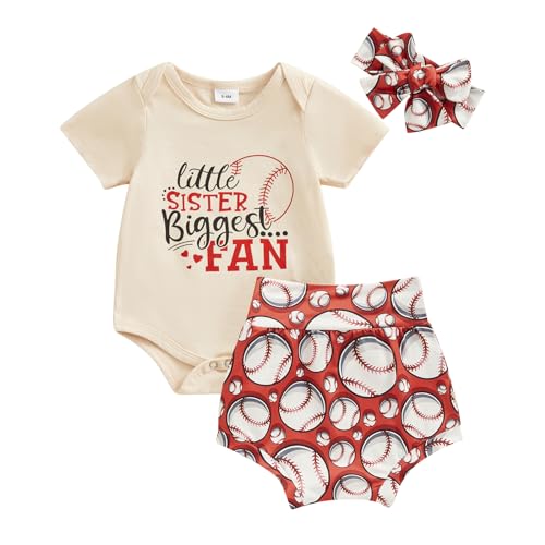 Image of Baby Girl Baseball Outfits Letter Print Short Sleeve Romper Baseball Bummie Shorts Headband Set 3Pcs Summer Outfits