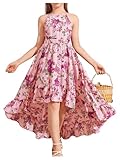 Verdusa Girl's Floral Print High Low Halter Dress Cut Out Back Sleeveless Ruffled Flowy Dress Pink 10 Years