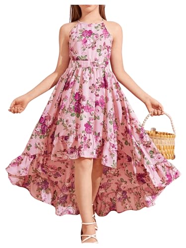 Verdusa Girl's Floral Print High Low Halter Dress Cut Out Back Sleeveless Ruffled Flowy Dress