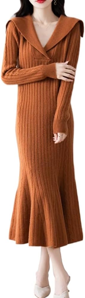 LIXINGHEITANG Autumn Winter Design Skirt mid-Length Large Lapel Sweater Slimming Knitted Dress