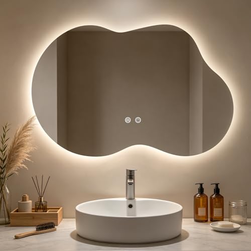 Image of WallBeyond 46 inchx26 inch Asymmetrical Bathroom Mirror with Lights, Irregular LED Backlit Vanity Mirror for Modern Master Bathroom, Dimmable Anti-Fog Mirror, Horizontal /Vertical Mount
