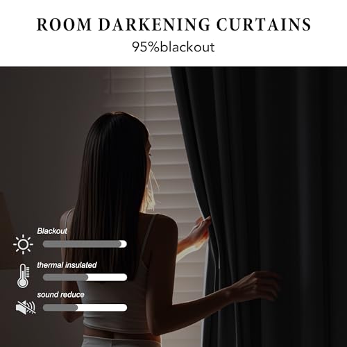 Image of RYB HOME Black Room Divider Curtains with Flexible Silent Ceiling Track Wall Mount Sliding Door Drapes, Blackout Extra Wide Floor to Ceiling Curtain with Hooks for Living Room, W180 x L96, 1 Panel