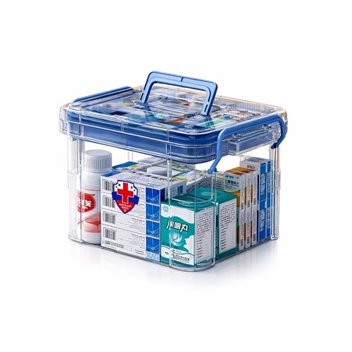 Image of HoopVool Clear Plastic Medicine Storage Box Organizer, Family Emergency Kit with Removable Pill Case Portable Lockable Container for, Art Craft and Cosmetic Household Organizer (Blue, Small)