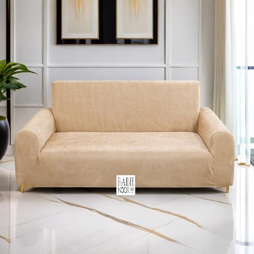 Image of Universal Velvet Beize Triple Seater Sofa Cover Big Elasticity Cover for Couch 140 GSM Sofa Slipcover (Velvet-Beize, 185-230cm)