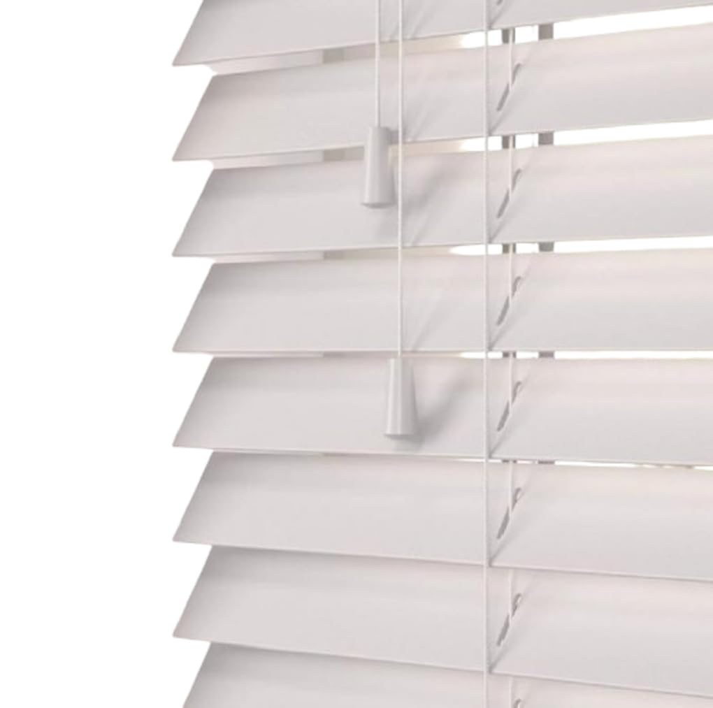 Faux Wood Window Venetian Blinds Blind 50mm Slats Trimmable String Design (White With String, 75cm Width x 150cm Drop)