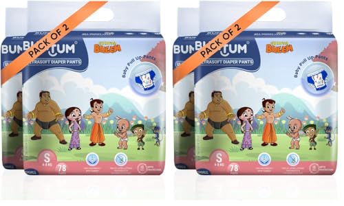 Image of Bumtum Chota Bheem Baby Diapers | Pant Style Baby Diapers Small Size, 156 Count | Double Layer Leakage Protection Infused With Aloe Vera, Cottony Soft High Absorb Technology (78 Count, Pack of 4)