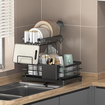 Image of Dish Drying Rack,2-Tier Extendabl Dish Drainer Rack with Drip Tray for Kitchen Counter,Metal Dish Drainer with Cutlery Holder,Drainboard,Cup,Chopping Board Holder,Space-Saving Dish Organizer