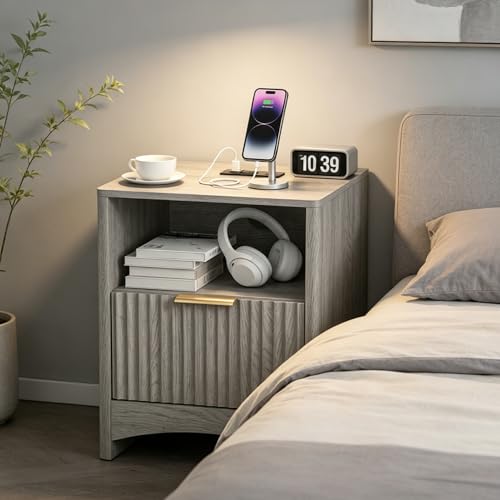 Image of Marsail Fluted Nightstand Set of 2, Wooden Nightstands with Drawers, Modern Bedside Table with Charging Station and Storage, End Table with Storage Side Table for Bedroom, Grey