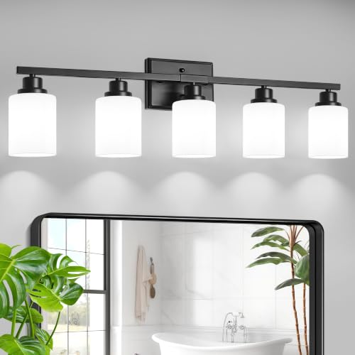 Image of Unicozin 5-Light Bathroom Light Fixtures, Modern Black Vanity Light Over Mirror, Wall Sconces with Milky White Glass Shades for Living Room Bedroom Hallway E26 Base
