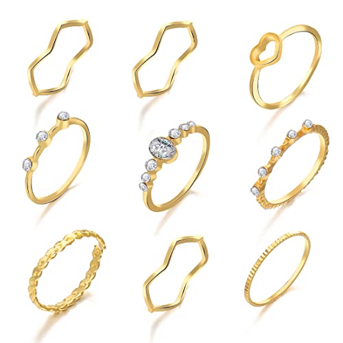 LEEQBCR Paquete de 9 Juego de anillos dorados de estilo bohemio con cristales, anillos de moda para nudillos para mujeres y niñas
