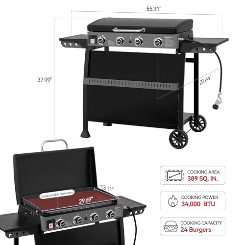 Image of Royal Gourmet PD4001 4 Burner Propane Gas Griddle with Removable Standing Cart, Convertible to Tabletop Design, Flat Top Grill with Hood for Camping, Tailgating, Backyard, Black