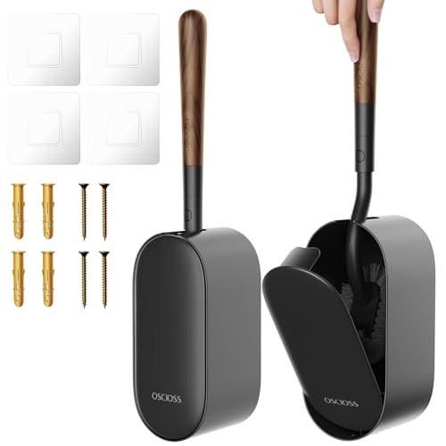 Image of Toilet Bowl Brush and Holder, OSCIOSS Toilet Brush Set with Ergonomic Design, Compact Size, Durable Bristles, RV Toilet Brushes & Holders for Dead Corner Clean (Wood&Black, 2pack)