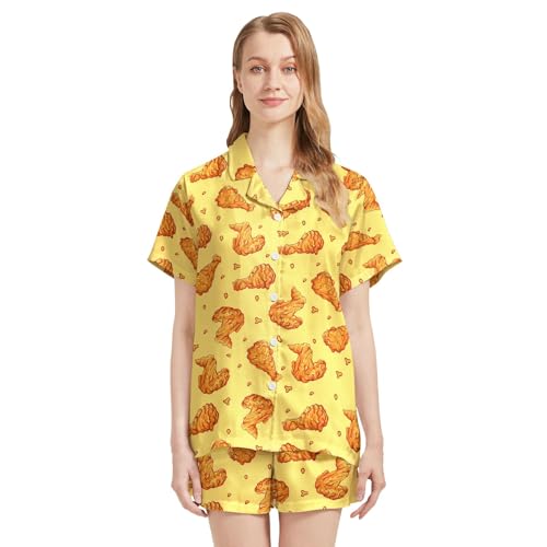 Image of Funny Satin Pajamas Set for Women Button Down Sleepwear Print Pjs Set 2 Piece Short Sleeve Loungewear Gift for Women