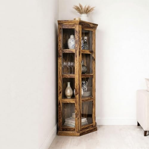 Image of Modern Furniture Astro Sheesham Wooden Crockery Cabinet with Acrylic Glass Door | Solid Wood Multipurpose Storage Cabinets for Living Room Home & Kitchen | Book Shelf Wooden - Teak Finish