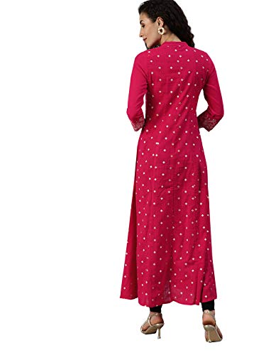 Image of ishin Women's Cotton Regular Fit Anarkali Embellished Beads and Stones Floral Print Kurti