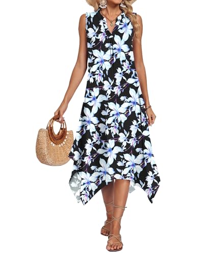 Image of AUSELILY Womens Summer Midi Dress V Neck Sleeveless Casual with Pockets | Flowy womens summer dress with asymmetrical hem, great for beach, vacation and daily wear