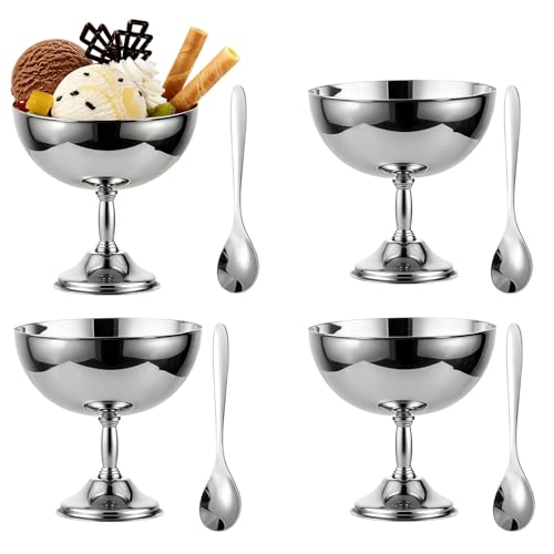 4 Bols à Glace Inox 270ml Pied avec Cuillère, Récipients Dessert Vintage Réutilisables pour Glaces, Yaourts Givrés, Gelato, Anniversaires , Coupes à...