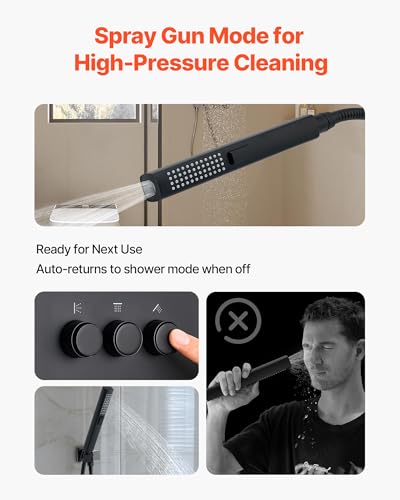 VEVOR Juego de Grifería para Ducha, Sistema de Ducha de Lluvia de Montaje en Techo de 10 Pulgadas con Cabezal de Pared de 6 Pulgadas y Rociador de Mano 2 en 1, Válvula de Latón Giratoria de 3 Funciones y Kit de Recorte, Negro Mate miniatura 3