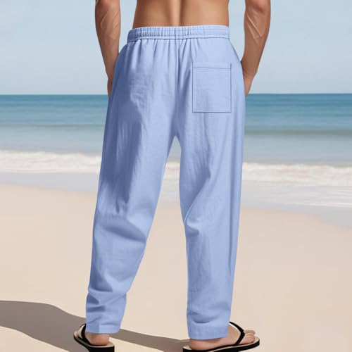 Summer Mens Linen Pants Loose Fit Solid Color Casual Trousers Comfy Lightweight Drawstring Waist Pants Wide Legs Fall Clothing Black S(Blue,XX-Large)3