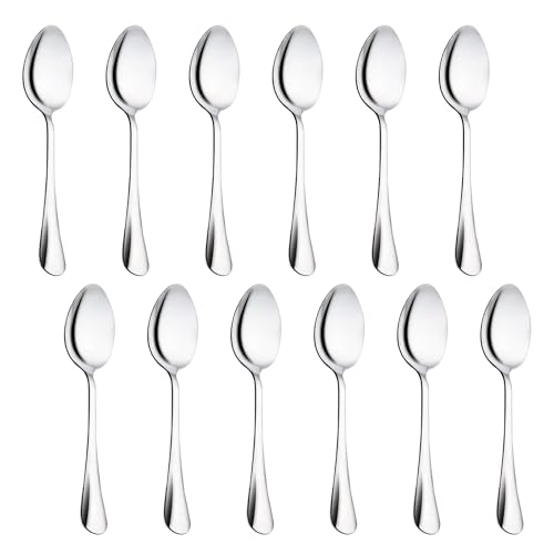 Juego de 12 cucharillas de café de 14 cm, acero inoxidable, protección contra el óxido y la corrosión, cucharas de postre pulidas de alto brillo aptas para lavavajillas, cucharas de expreso para