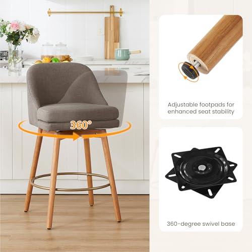 Image of kinmars Modern Bar Stools Set of 2,Swivel Counter Height Bar Stools with Soft Upholstered Back,Thick Seat,Wooden Legs, 27 inch Counter Stools for Kitchen Island (Brown, 2 Pieces - 27 inch Counter Height)