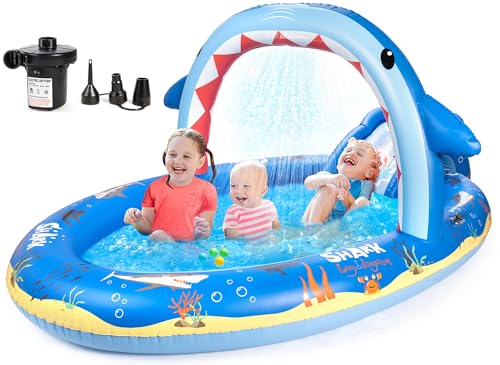 Image of SULIFEEL Dinosaurs Inflatable Play Center Kiddie Pool with Slide and Sprinkler for Children, 96''x59''x39'' Baby Pool for Backyard and Garden, Free Inflatable Pump