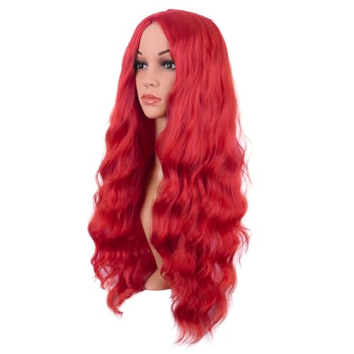 Image of MapofBeauty 28 Inch /70 cm Long Wavy Middle Part with No Bangs Synthetic Fiber Curly Fashion Women Party Cosplay Wig (Bright Red)