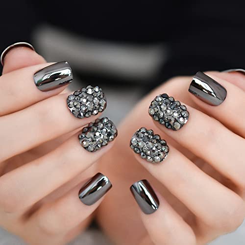 Elevenail 3D Rhinestones Press On Nails Punk Dark Smoky Gray Reflective Mirror Metallic Stick On Fake Nails Salon Diy Acrylic Manicure Reusable Short Square False Acrylic Nail Art Tips #TOP1