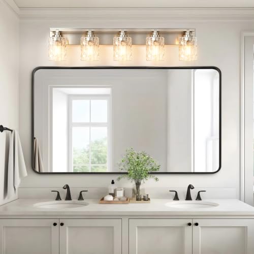 Image of Bathroom Light Fixtures,5-Light Brushed Nickel Vanity Lights Over Mirror | Modern Wall Light,Clear Ripple Glass Shade,Sturdy Metal Frame,For Bathroom Remodel,Easy Install,E26 Socket,ETL-Listed 36-inch