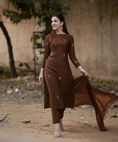 Image of GoSriKi Viscose Printed Straight Kurta with Pant and Dupatta for Women | Viscose Cream | 3 /4 Sleeve | High Neck | Ethnic Wear Casual Wear