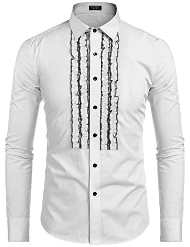 COOFANDY Men's Tuxedo Shirt Slim Fit Ruffle Ruche Frill Dress Shirt Wedding Party Prom Dinner Formal Button Down Shirt White