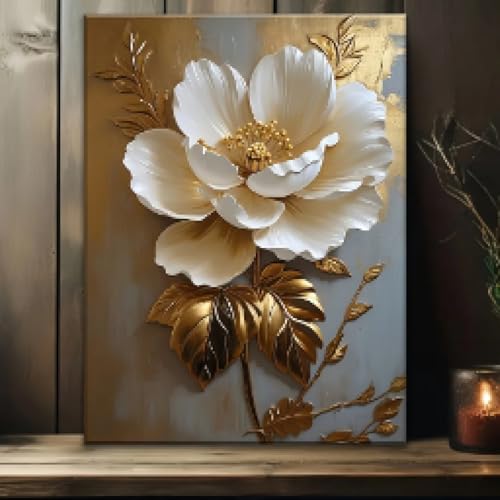 Toile art floral blanc vintage décoration murale grand format 80x120cm encadré or
