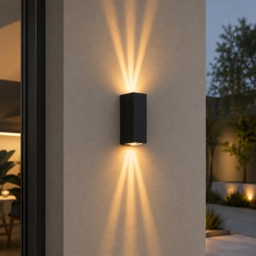 Image of Bofea-Outdoor Waterproof Wall Sconce Black Aluminum Construction with Dual Up /Down LED Lights Black Wall Sconces Outside Wall Lights Ideal for Patio, Garden and Porch Lighting(Three Beams Up And Down)
