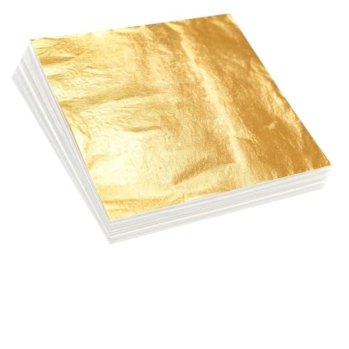 Wosyoodo 100 Hojas Pan de Oro de Imitación, Hojas de Pan de Oro para Manualidades, para Artesanía de Dorado, Proyectos de Artes, Decoración de Muebles, para Bricolaje, Pintura (14 * 14cm)