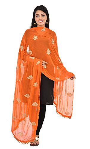 Image of YOUTHQUAKE Golden Patti Embroidered Work Chiffon Dupatta for Womens & Girls with Jaalar Lace