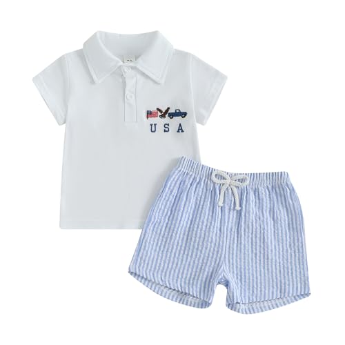 Gaono Baby Boy Summer Clothes Toddler 4th Of July Outfit Short Sleeve Button Up Polo Shirt Plaid Shorts Patriotic Set (F-Blue, 2-3T)