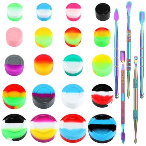 Yiyiring 20 Pcs Silicone Wax Containers Travel Jars Non-stick 5 Pcs Stainless Steel Carving Tool Set 2ml 3ml 5ml 7ml 10ml Concentrate Containers for Wax Oils Creams & Makeup