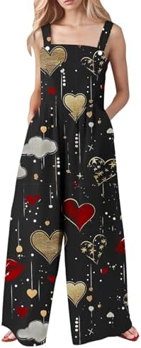 Valentine Outfits For Women Valentines Jumpsuit Rompers Dressy Casual Adjustable Strap Holiday Linen Overalls Pockets