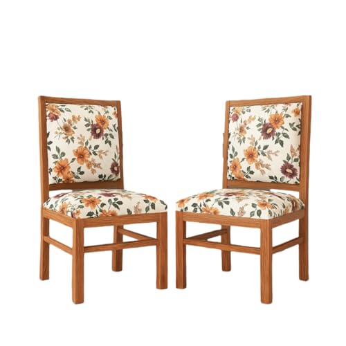 Image of KENDALWOOD Furniture | Solid Sheesham Wood Dining, Study Chair | Multipurpose Chair Set of 2 | Finish:- Honey Finish with Flower Printed Cushions | Pre-Assembled | 1 Year Warranty |