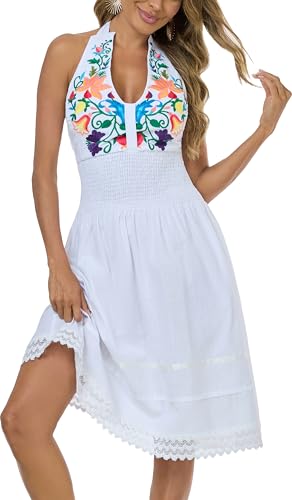 Image of Womens Mexican Floral Embroidered Halter Maxi Dress Side Slit Boho Dress