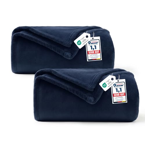 WAVVE Kuscheldecke Flauschig 2er Set Decke Fleecedecke – 2 Stücke Set Sofadecke 150x200 cm, Warme Wohndecke und Couchdecke, Weicher Sofaüberwurf XL – Marine Blau
