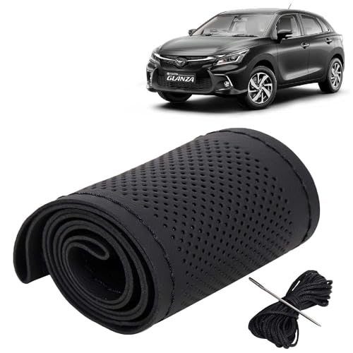 Image of KINGSWAY PU Leatherite Car Steering Cover Sewable Compatible with Toyota Glanza (Year 2022 Onwards), Black Color with Black Thread, Pack of 1 with Sewing Needle and Thread