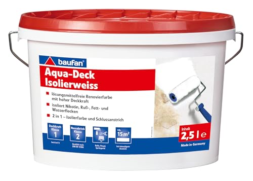 Baufan Aqua Deck 2,5 Liter | lösungsmittelfrei | für innen | 2 in 1 Isolierfarbe und Schlussanstrich | Glanzgrad stumpfmatt | isoliert Nikotin Russ und Wasserflecken