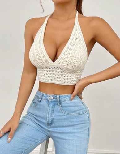 Women Lace Up Backless Crochet Crop Halter Top Y2k Slim Fit Sleeveless V Neck Self Tie Back Knit Crop Cami Top4