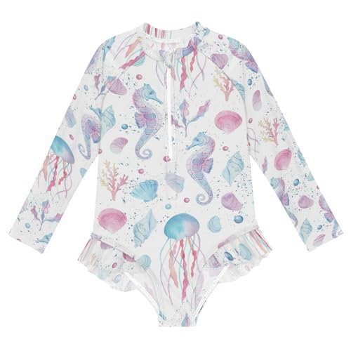 Wusikd Girls Long Sleeve Swimsuit Jellyfish Sea-Horse One Piece Bathing Suit Zipper Watercolor Swimwear Sun Protection 5-6T
