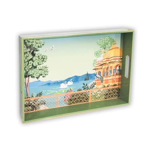 CRAFTSLANE Handcrafted Wooden Tray | Fancy Tea & Coffee Rectangular Tray with Handle | Elegant Decorative Serving Tray in Lacquer Finish | Swan Serenade (15"x10")
